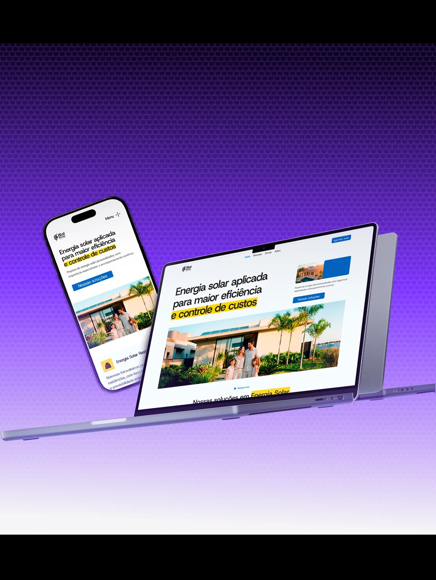 Site de uma empresa de energia solar aberto em um notebook e em um celular