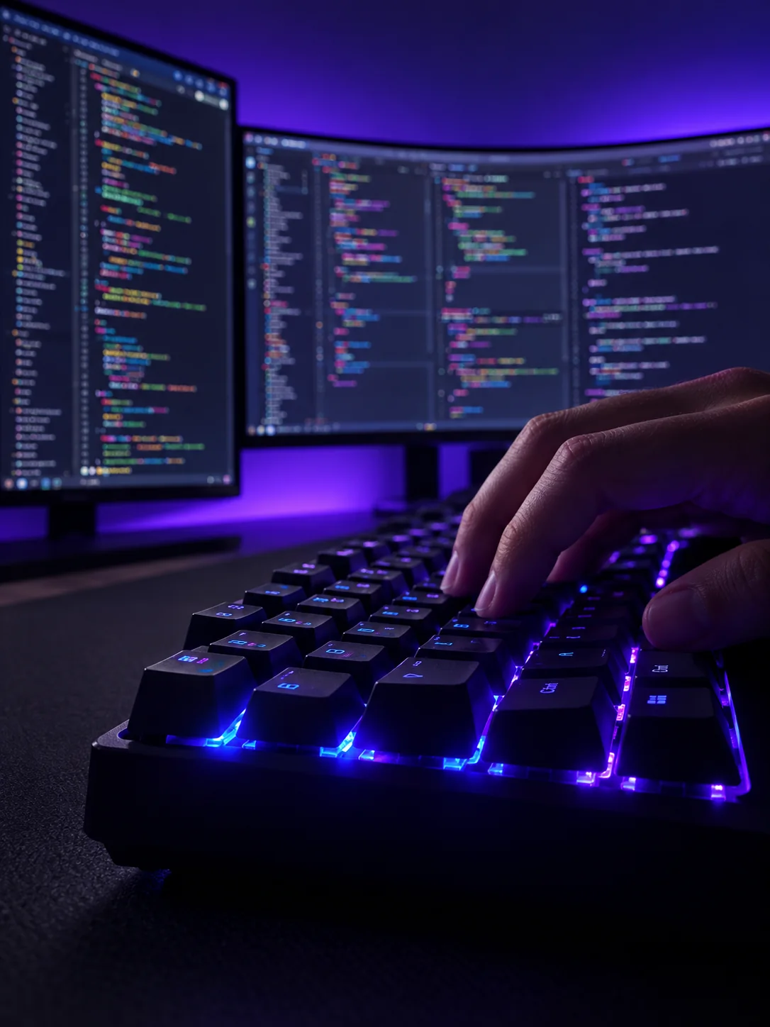 Mãos digitando em um teclado iluminado, em frente a monitores com código